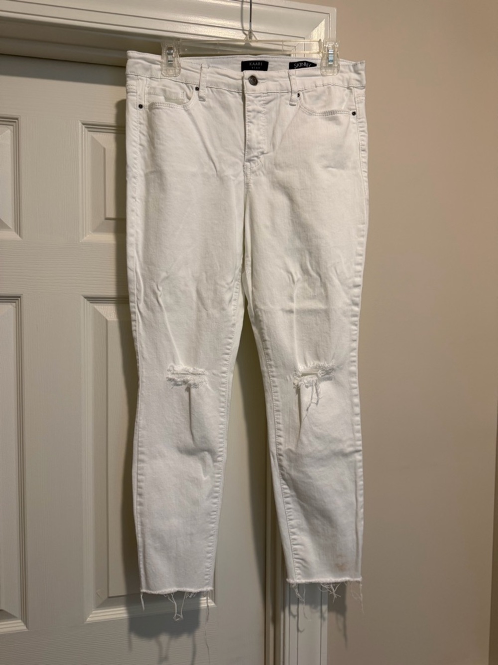 Kaari Blue White Skinny Jeans with Distressed Knees